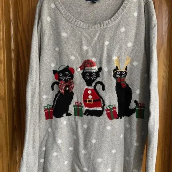 Christmas Cats Holiday Sweater Karen Scott 3X Sparkly Embellished Top - Picture 2 of 10